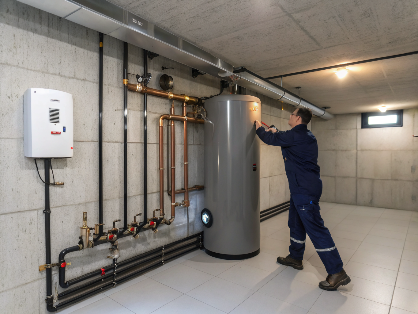 Clean and organized modern mechanical room with water heating systems