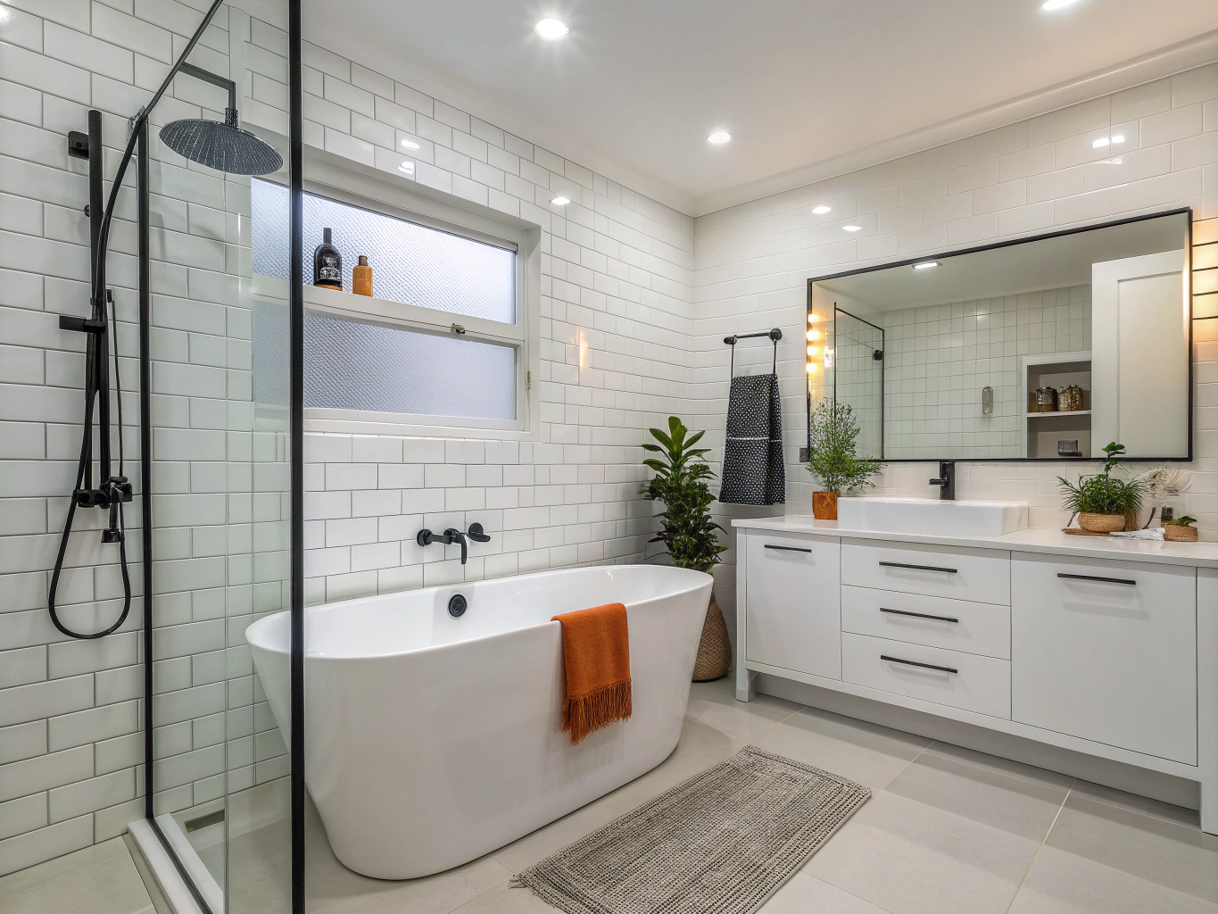 Modern luxury bathroom with brushed copper fixtures