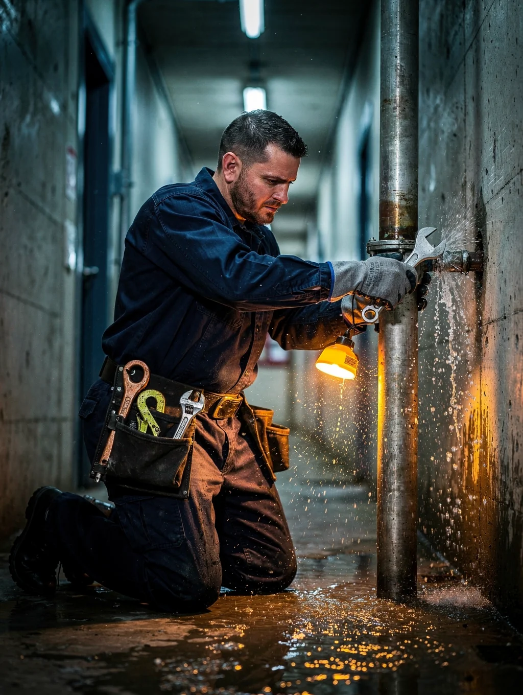 Professional plumber fixing a pipe leak