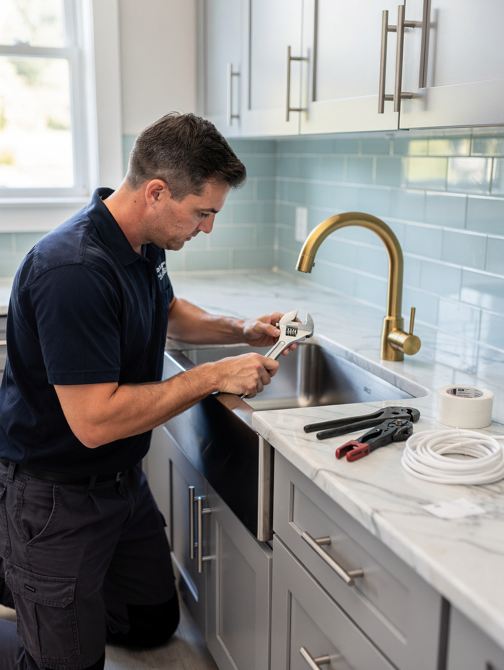 New faucet installation in a kitchen sink