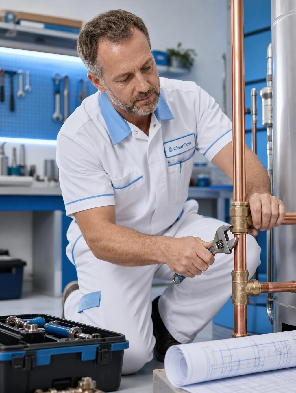 Professional plumber repairing copper piping in a residential setting