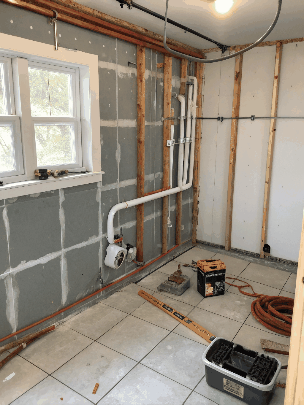 Plumbing rough-in work during a home renovation project