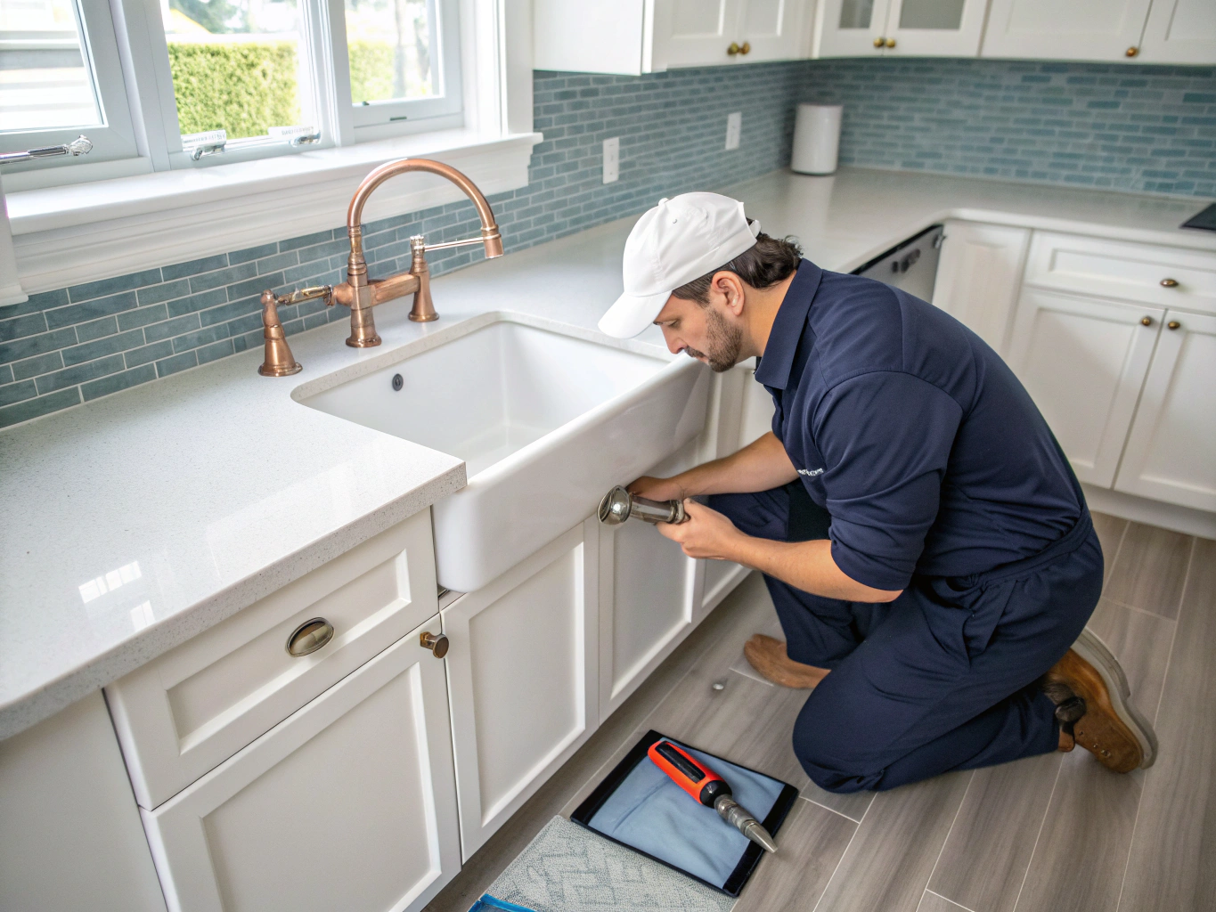 Professional plumber working on modern kitchen sink installation in Vancouver home